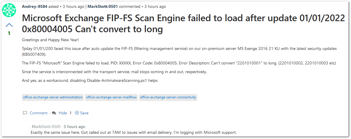 Image:Critical Exchange on Prem issue: Check your servers ASAP -- Malware agent fails to load in 2022 -- FIP-FS-"Microsoft" Scan Engine Failed to Load