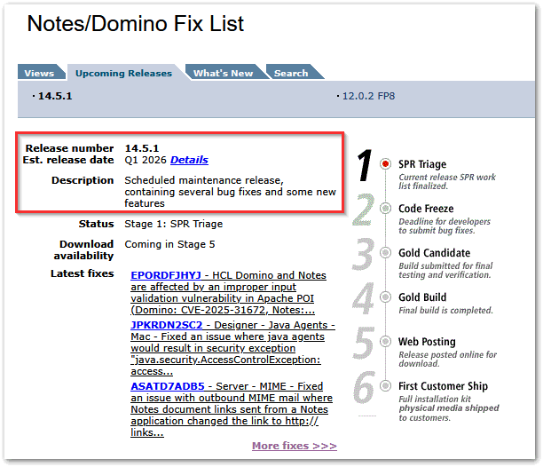 Image:Notes/Domino 14.5.1 planned to ship in Q1/2026 is planned to replace the 14.5 code stream
