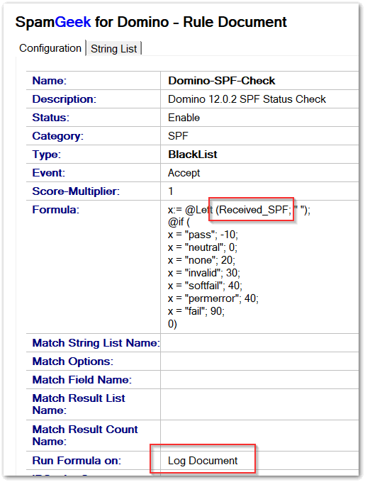 Image:SpamGeek leveraging Domino 12.0.2 SPF inbound with just one new rule document