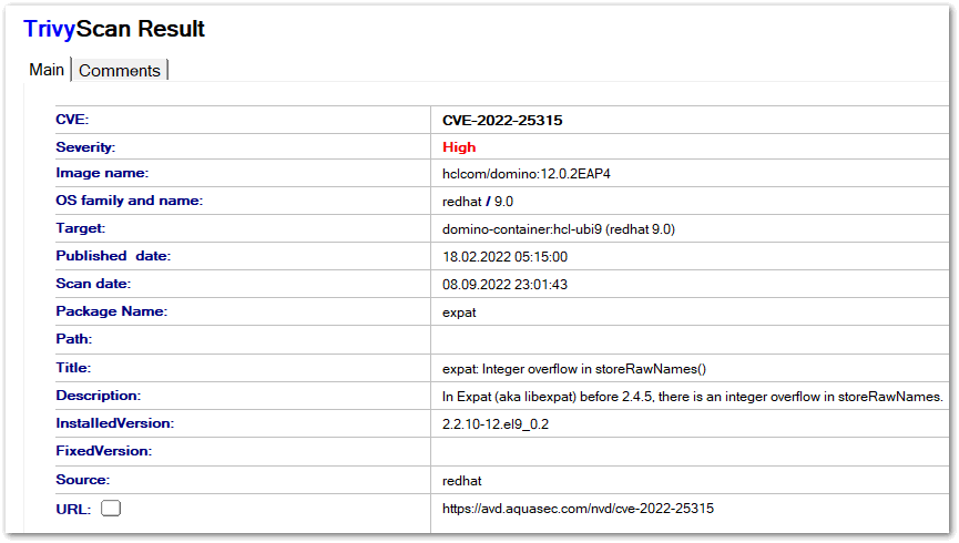 Image:Trivy vulnerability scan results for container images in a Notes database